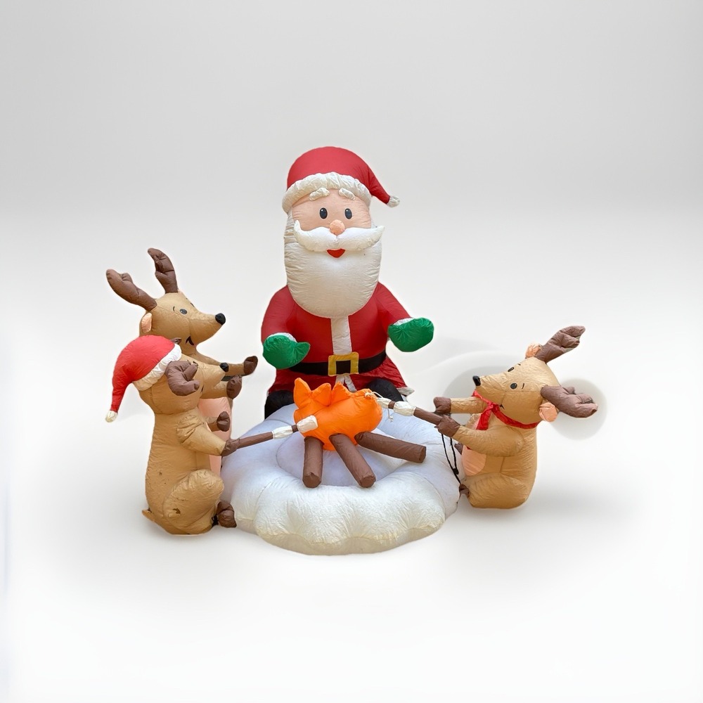 Santa & Reindeer Bonfire Inflatable / 63" Tall / Light / Christmas Yard / Flaws